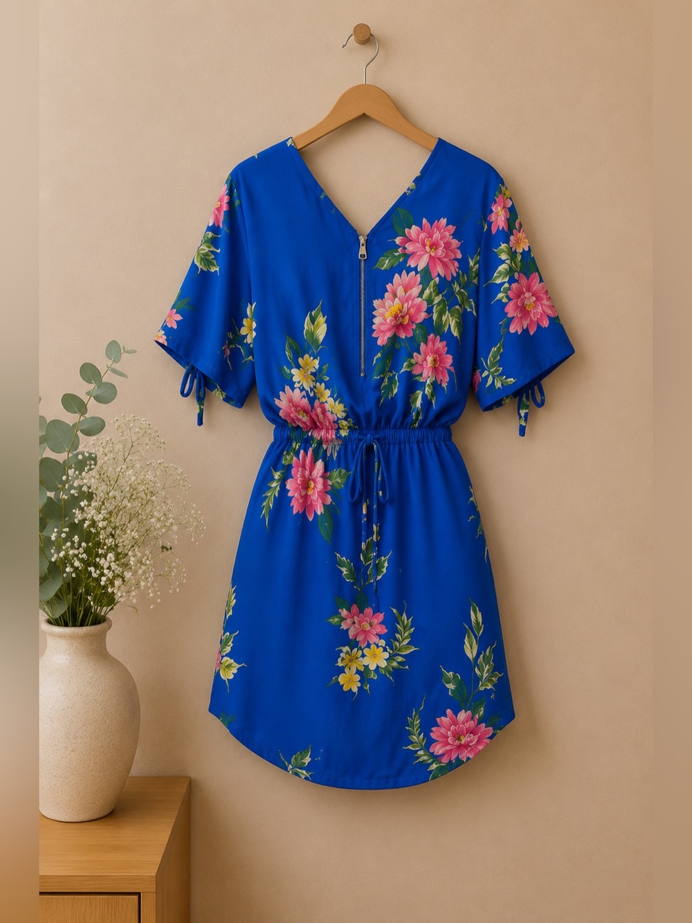 J for Justify Blue Floral Mini Dress V Neck Zip Front Tie Waist Sz S Cottagecore
